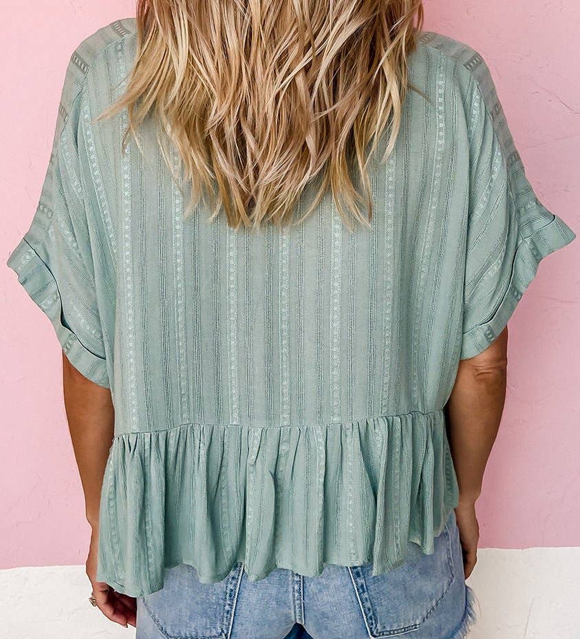 Textured Ruffled Hem Short Sleeve Blouse Green