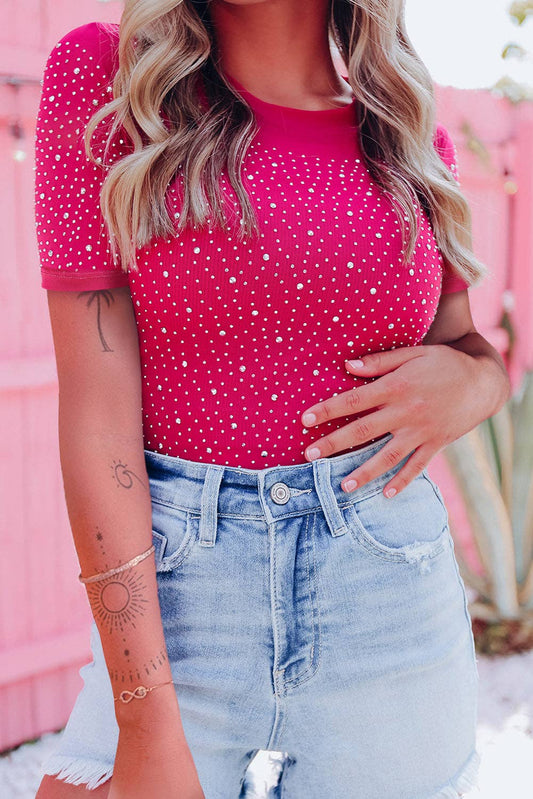 Rhinestone Short Sleeve Bodysuit Pink