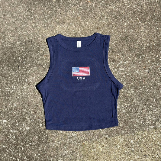 USA Embroidered Cropped Tank Navy