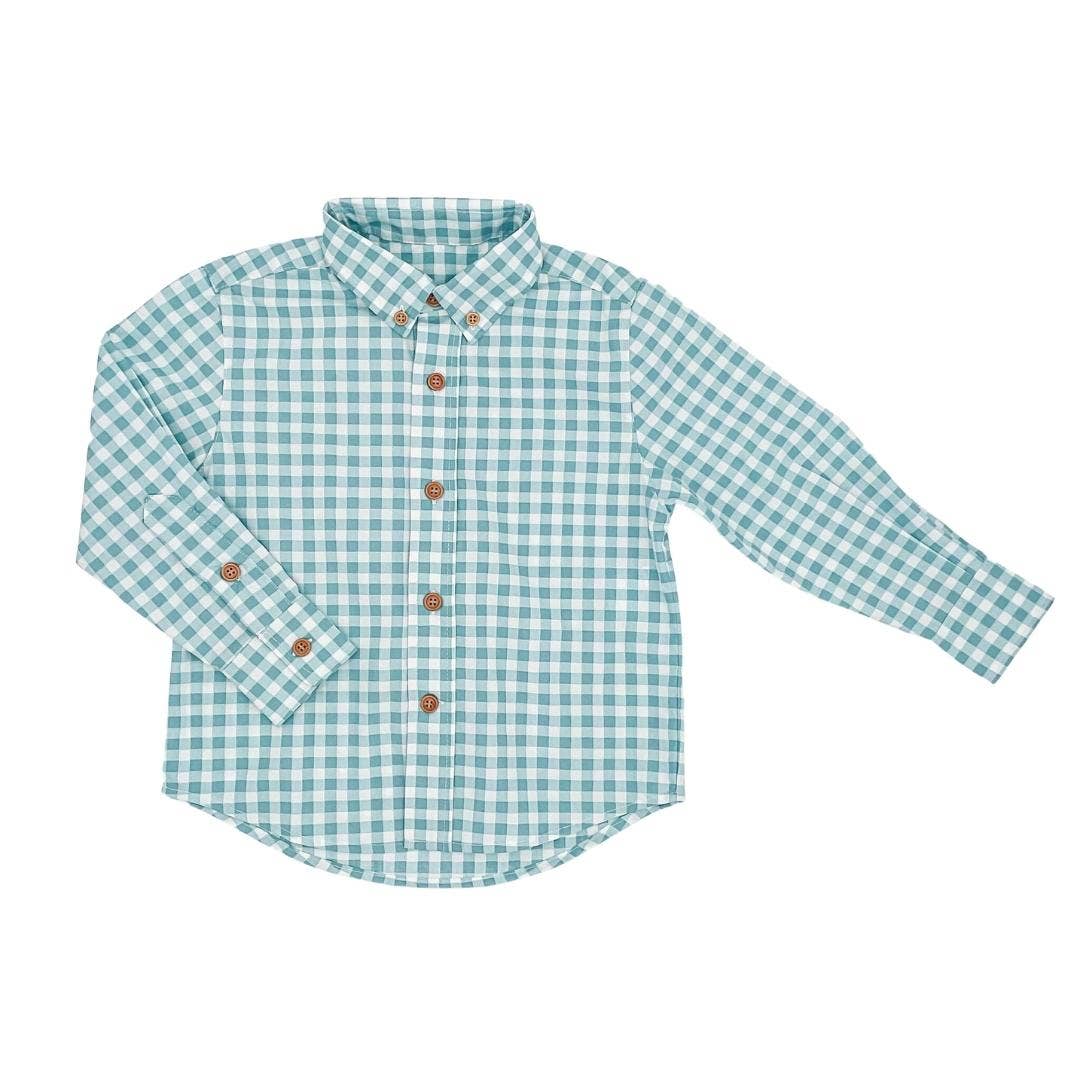 Kid's Green and White Plaid Button Up