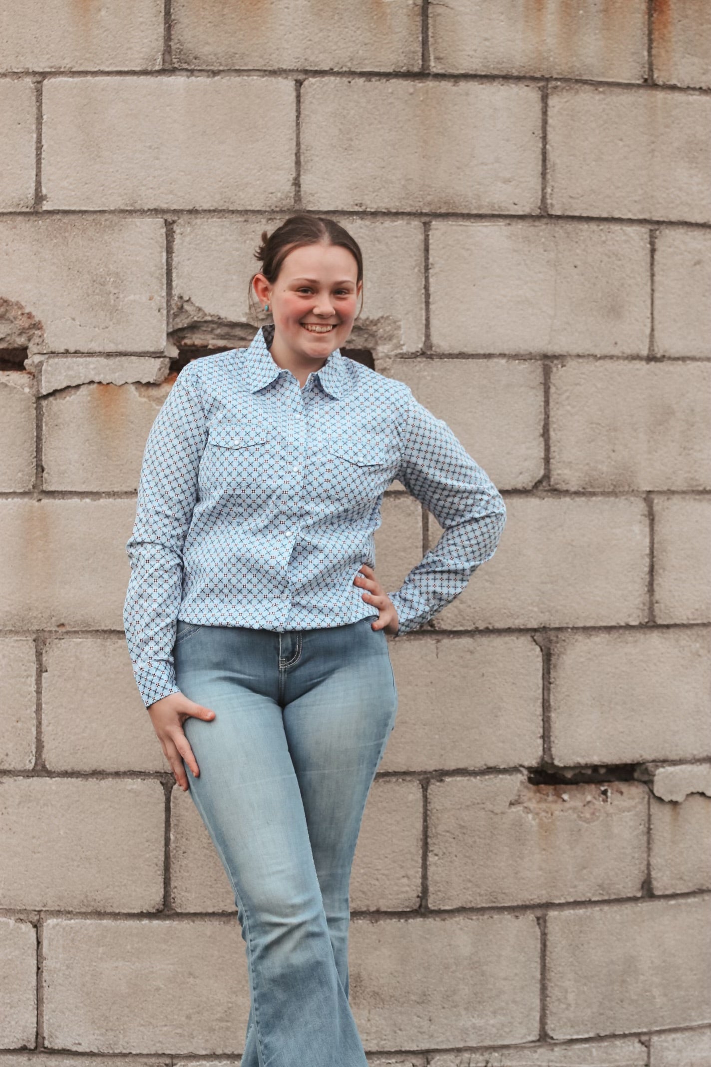 Women's Blue Printed Button Up