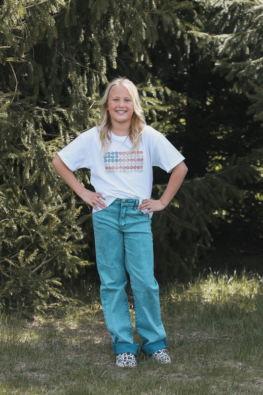 Kid's White Floral American Flag Tee