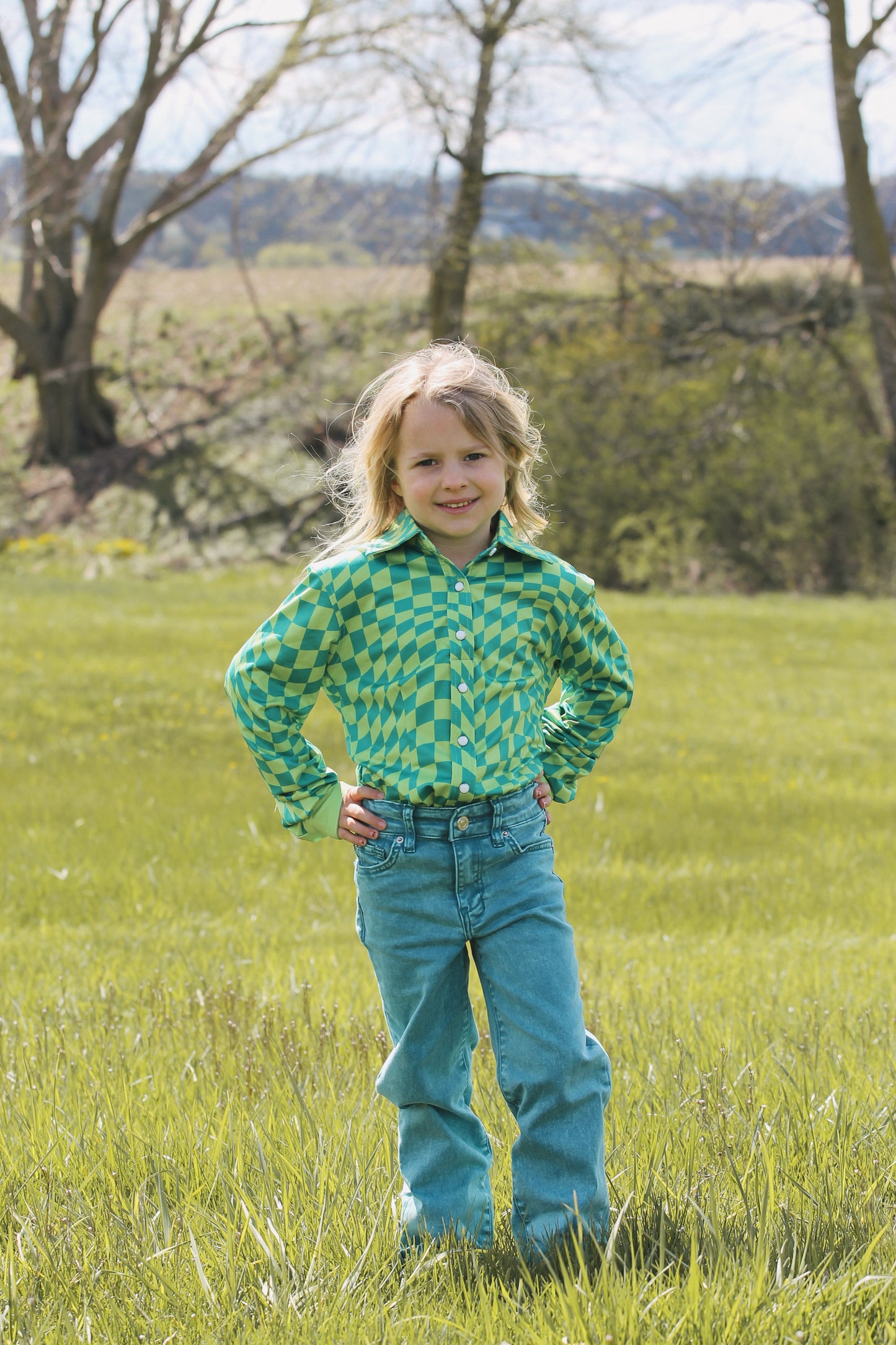 Kid's Green Wavy Checkered Performance Shirt