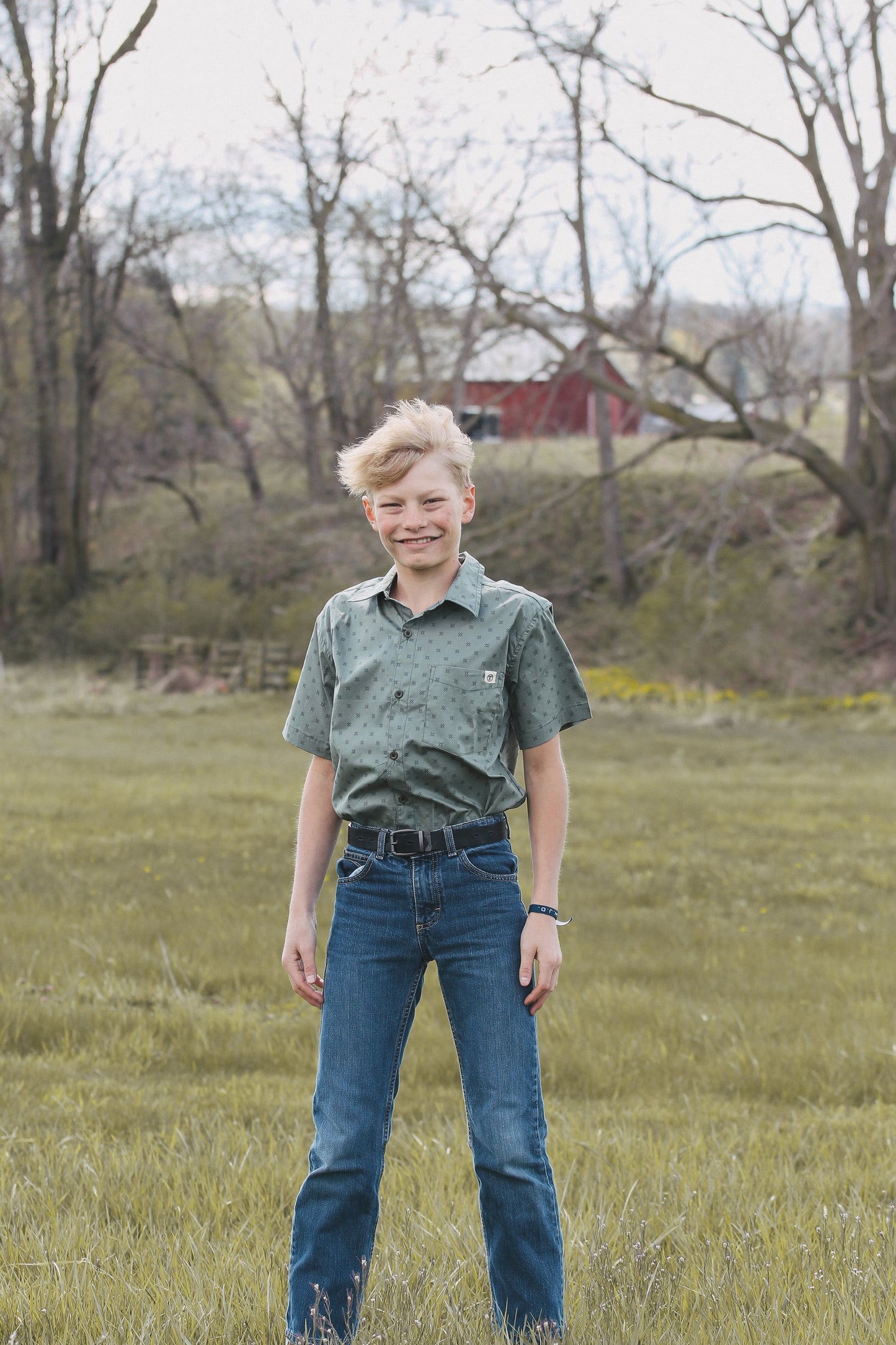 Kid's Olive Printed Button Up Short Sleeve