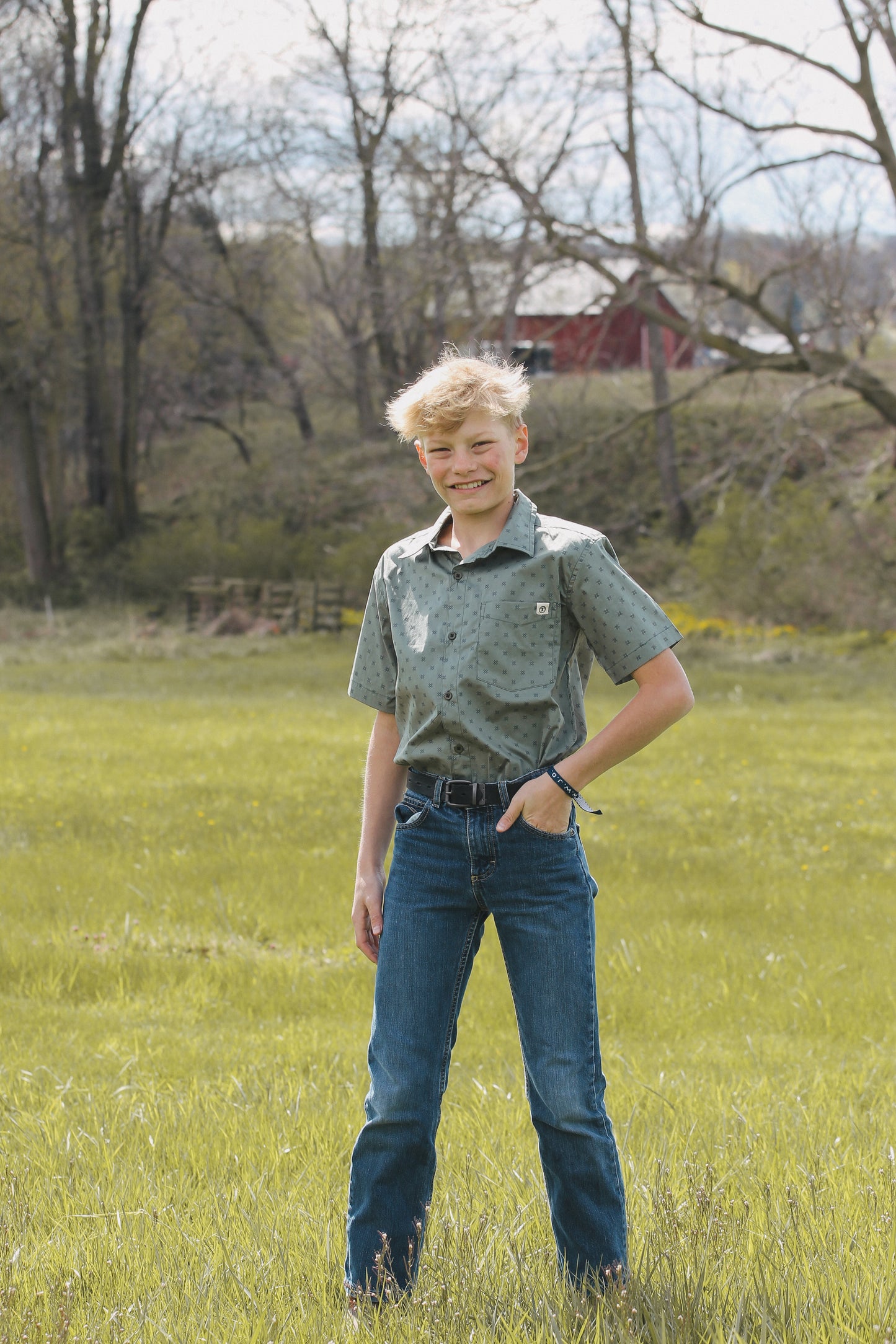 Kid's Olive Printed Button Up Short Sleeve