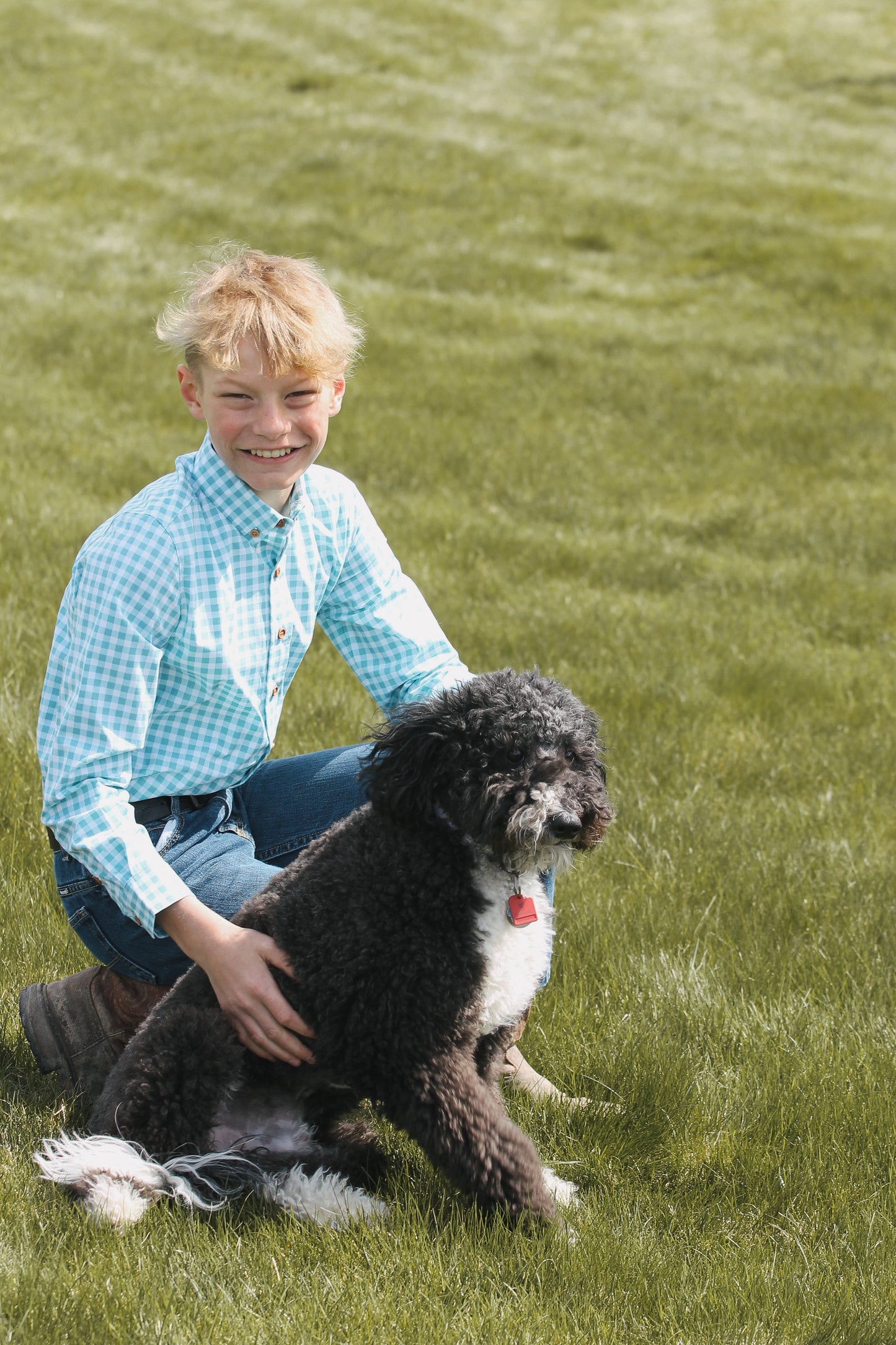 Kid's Green and White Plaid Button Up