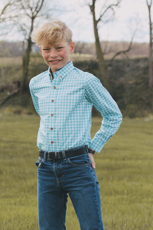 Kid's Green and White Plaid Button Up