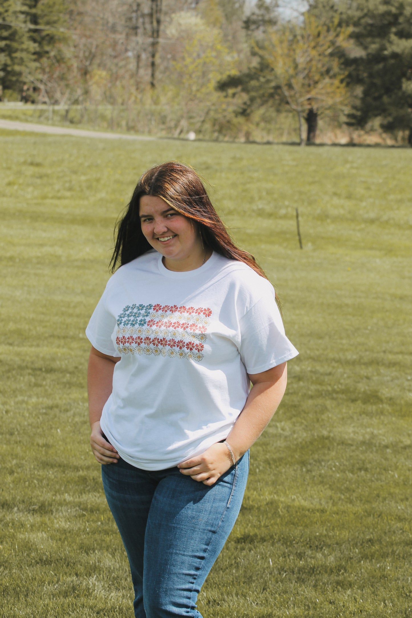 White Floral American Flag T-Shirt