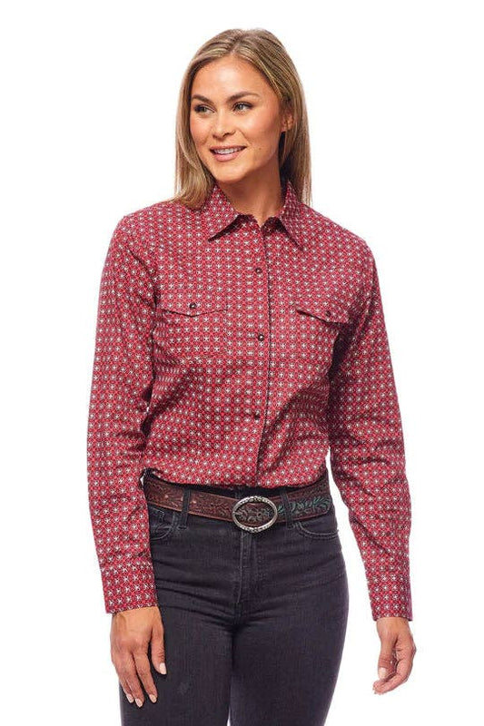 Women's Red Printed Button Up