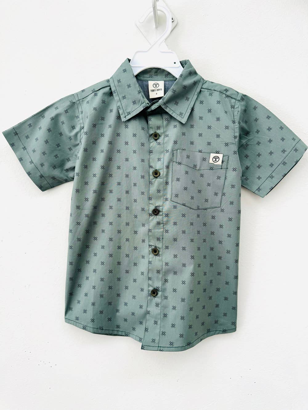 Kid's Olive Printed Button Up Short Sleeve